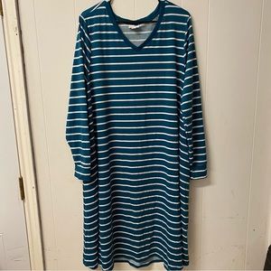 LulaRoe Teal White Stripe Long Sleeve Dress Size XL Comfortable Stretch